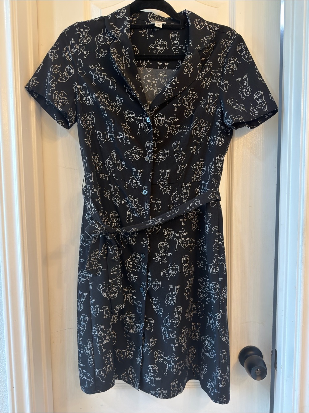 a new day Black Short-Sleeve Button-Up Mini Dress with White Abstract Line Faces